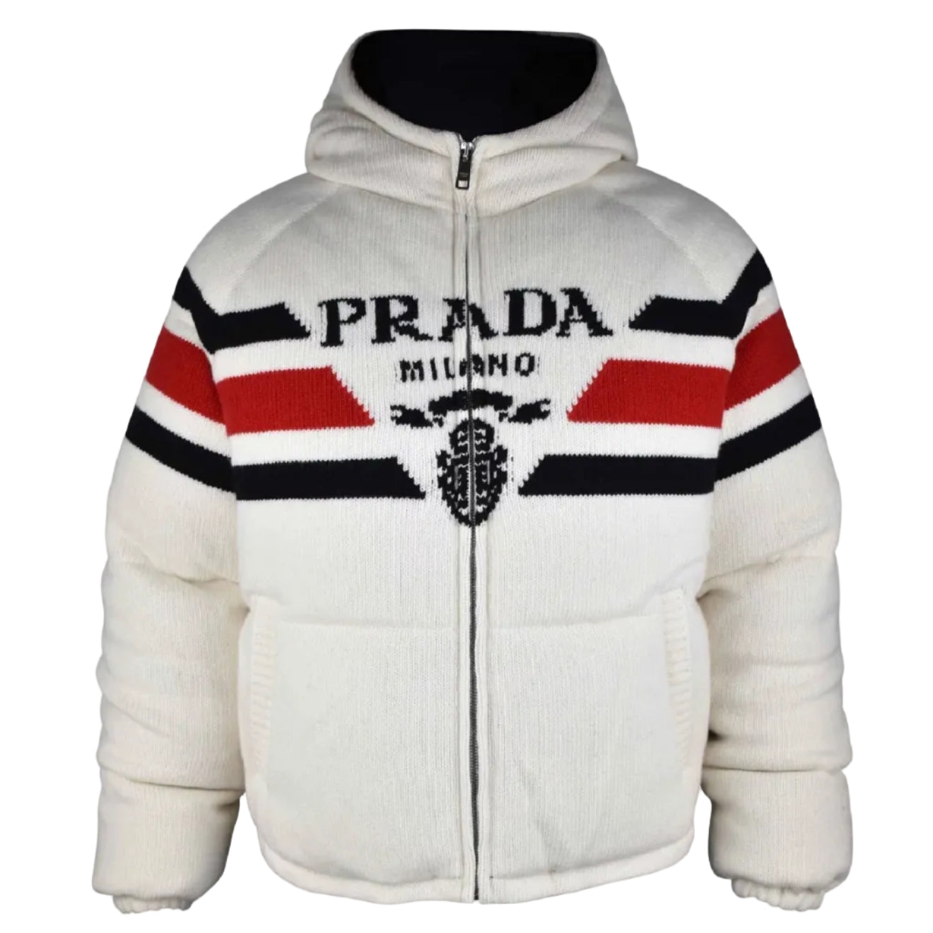 White Prada jacket with red and black stripes on a white background