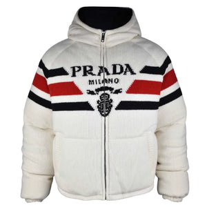 White Prada jacket with red and black stripes on a white background