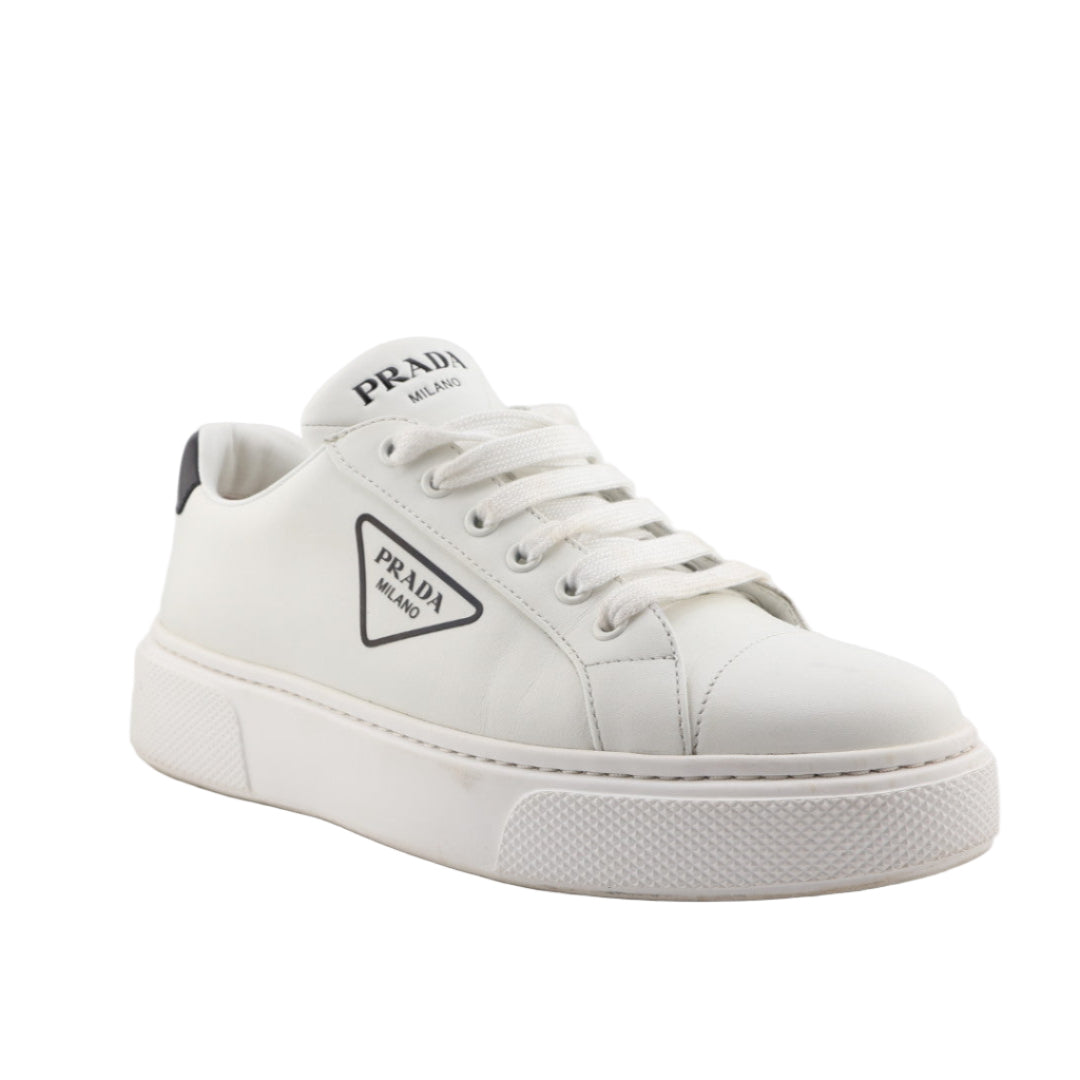 White sneaker with Prada logo on a white background