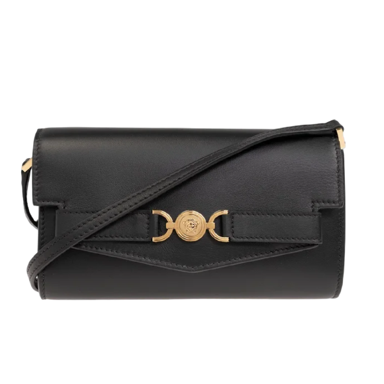 Black handbag with gold accents on a white background