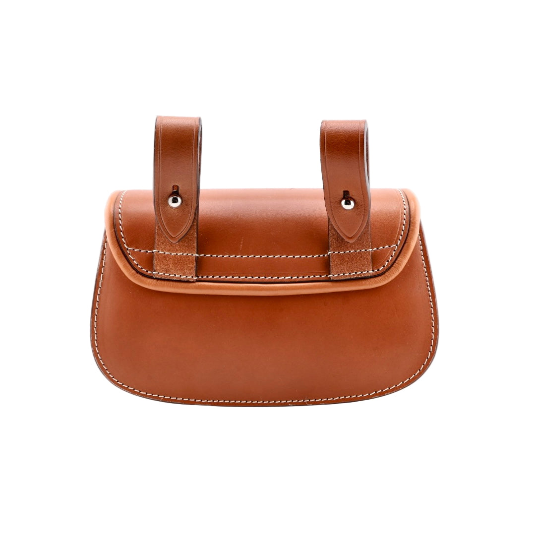 Brown leather bag with handles on a white background