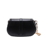 Black handbag with a chain detail on a white background