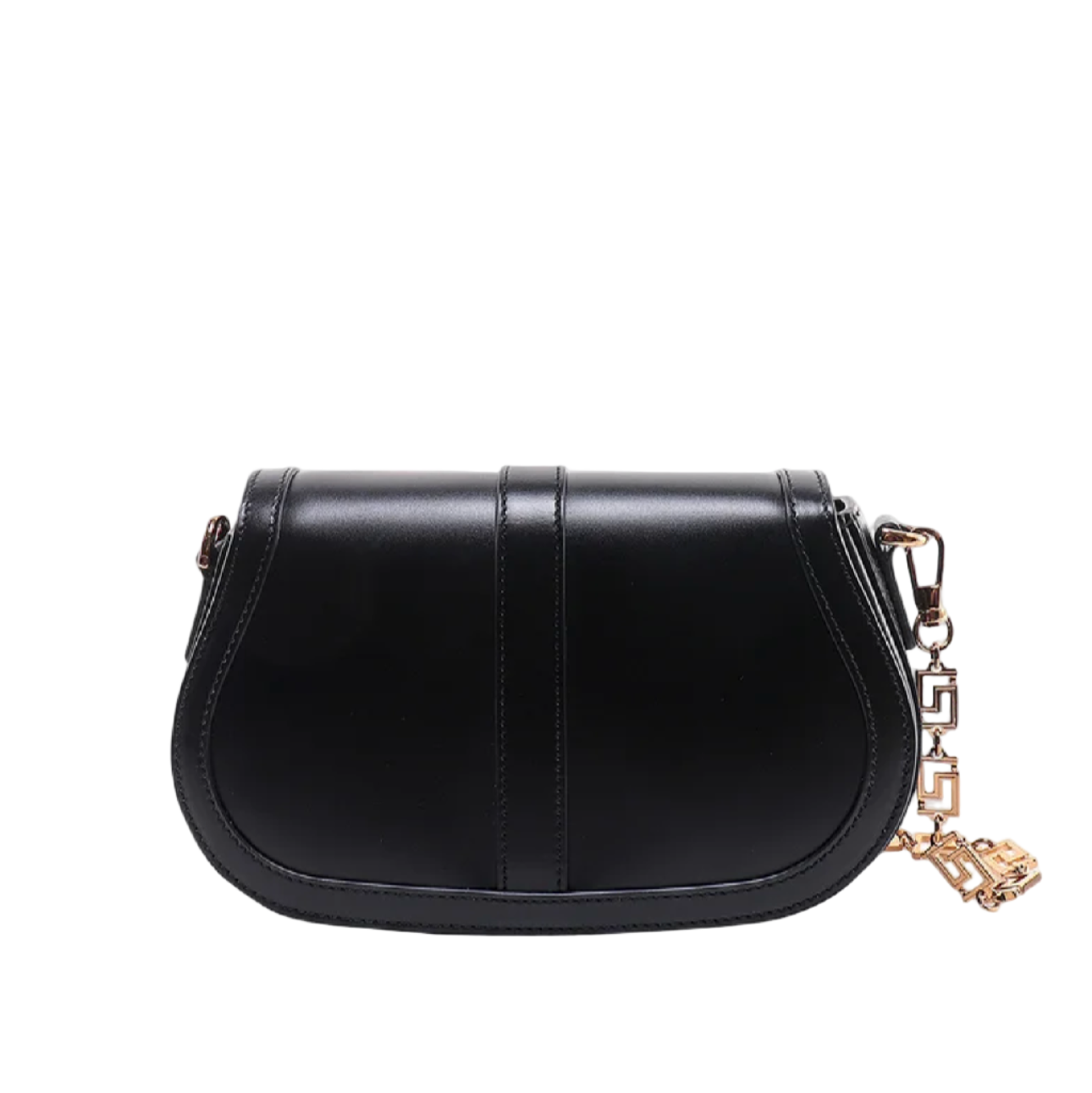 Black handbag with a chain detail on a white background