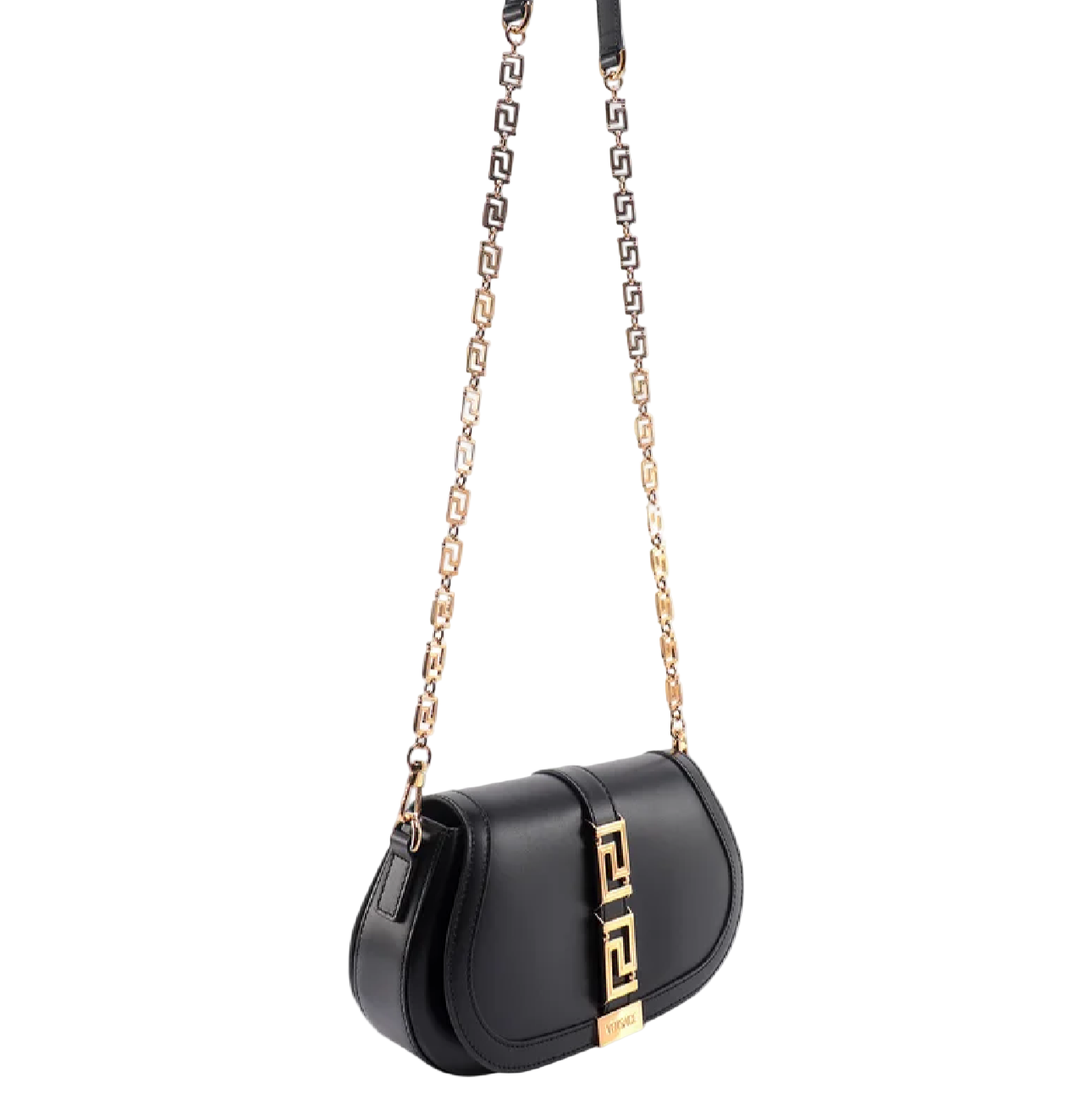 Black handbag with gold chain strap on a white background