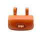 Brown leather handbag with gold clasp on a white background