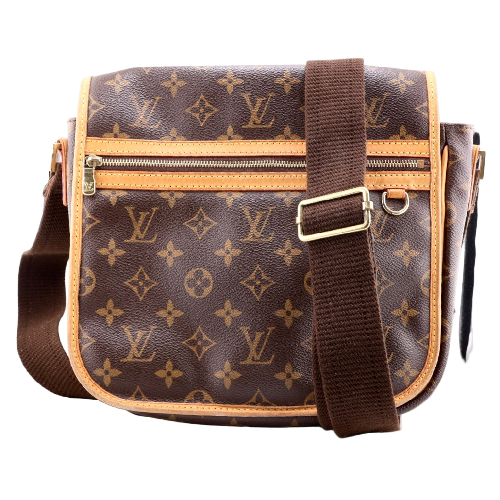 Designer handbag with monogram pattern on a white background
