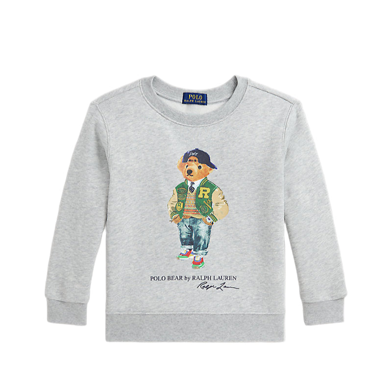 Gray sweatshirt with a bear graphic and Ralph Lauren logo on a white background