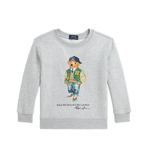 Gray sweatshirt with a bear graphic and Ralph Lauren logo on a white background