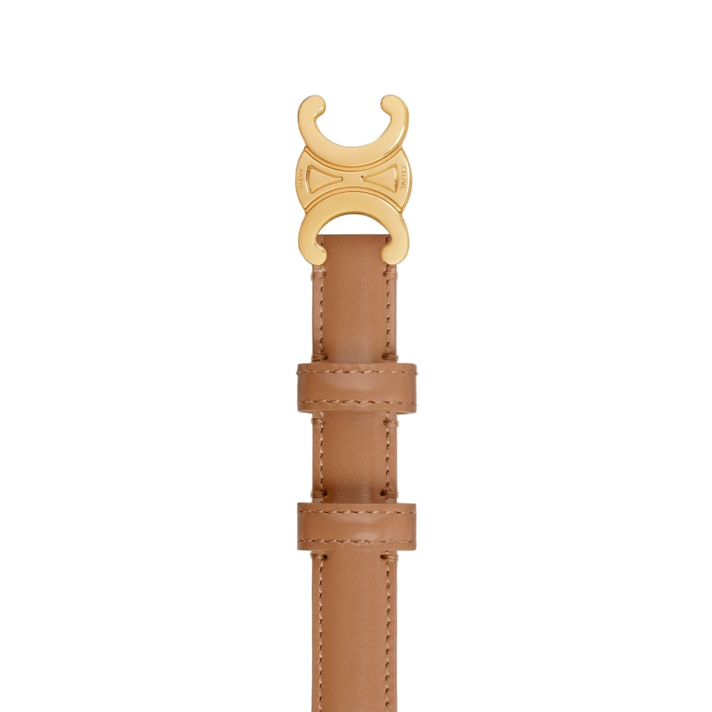 Tan leather belt with a gold buckle on a light gray background