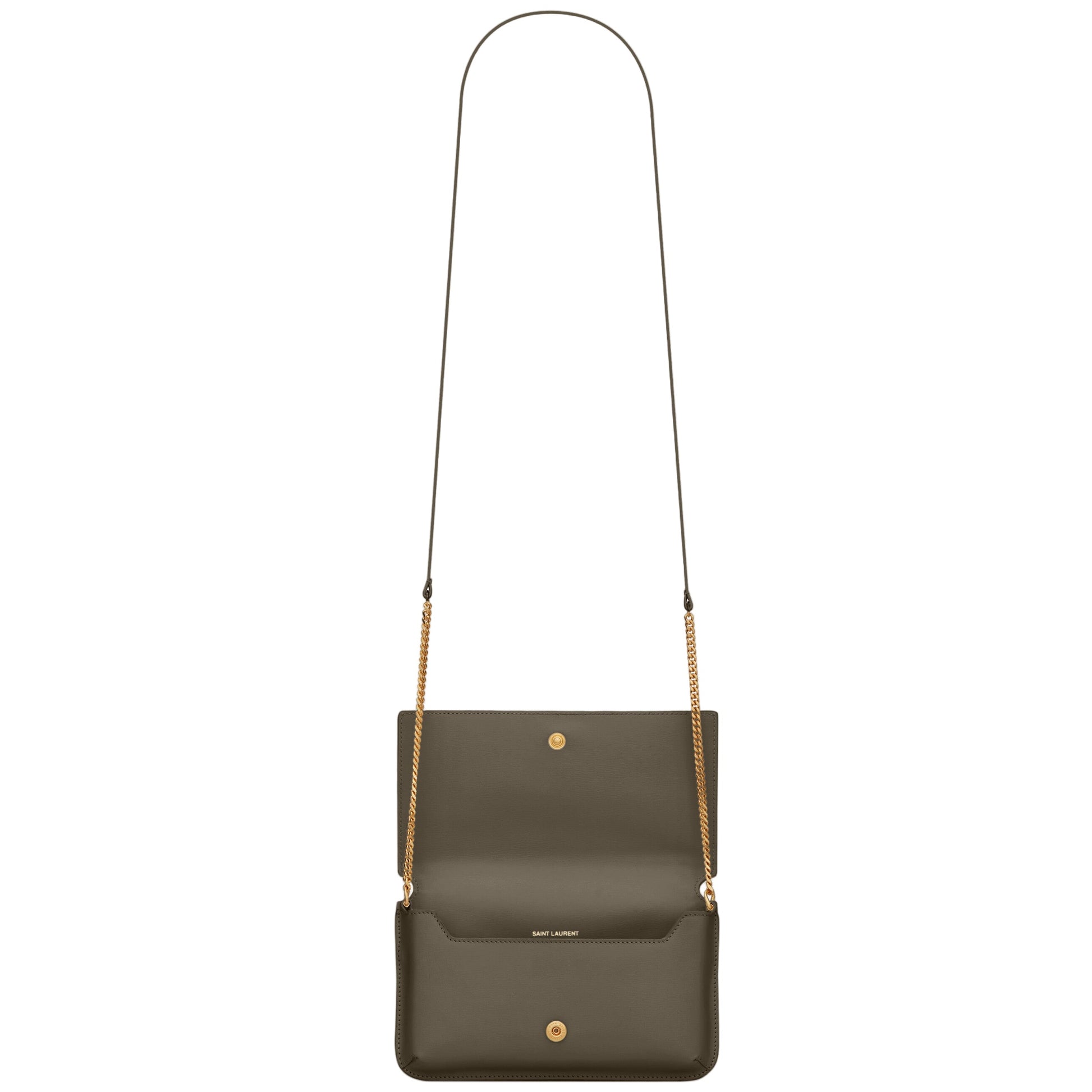 Green crossbody bag with a strap on a white background