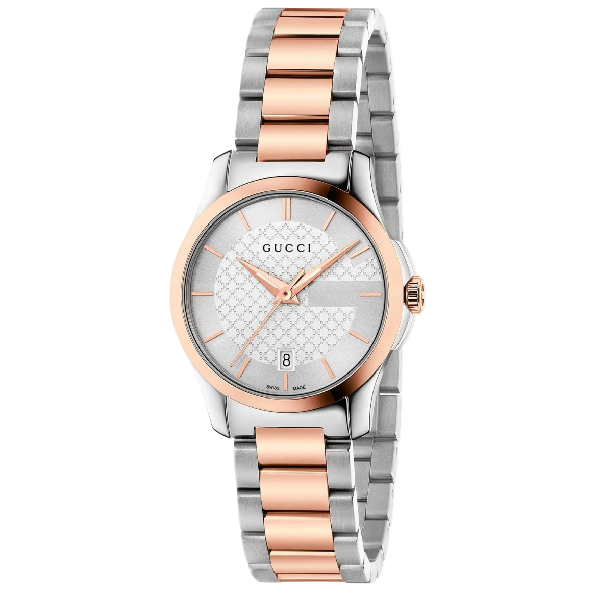Gucci watch with two-tone rose gold and silver bracelet on a white background