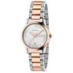 Gucci watch with two-tone rose gold and silver bracelet on a white background