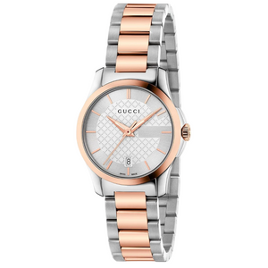 Gucci watch with two-tone rose gold and silver bracelet on a white background