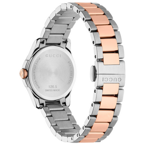 Two-tone watch with silver and rose gold band on a white background