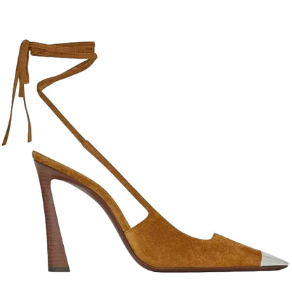 Brown high-heeled shoe with ankle strap on a white background