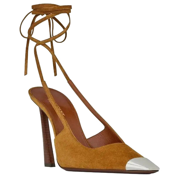 Brown high-heeled shoe with white cap toe on a white background