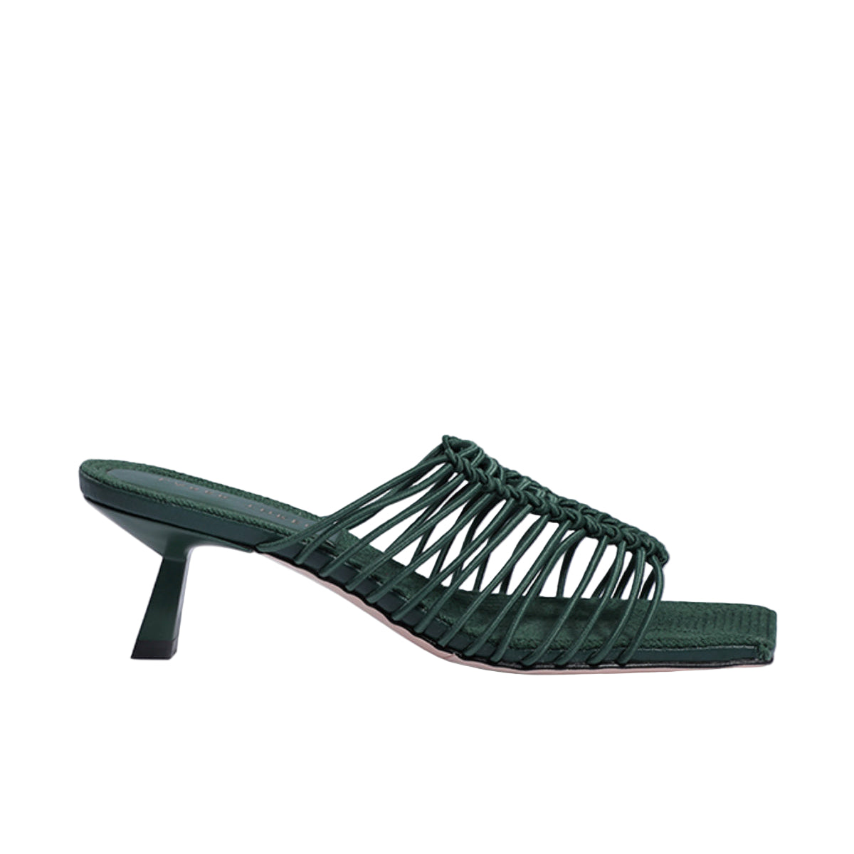 Green strappy sandal on a white background