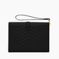 Black clutch bag with a strap on a white background