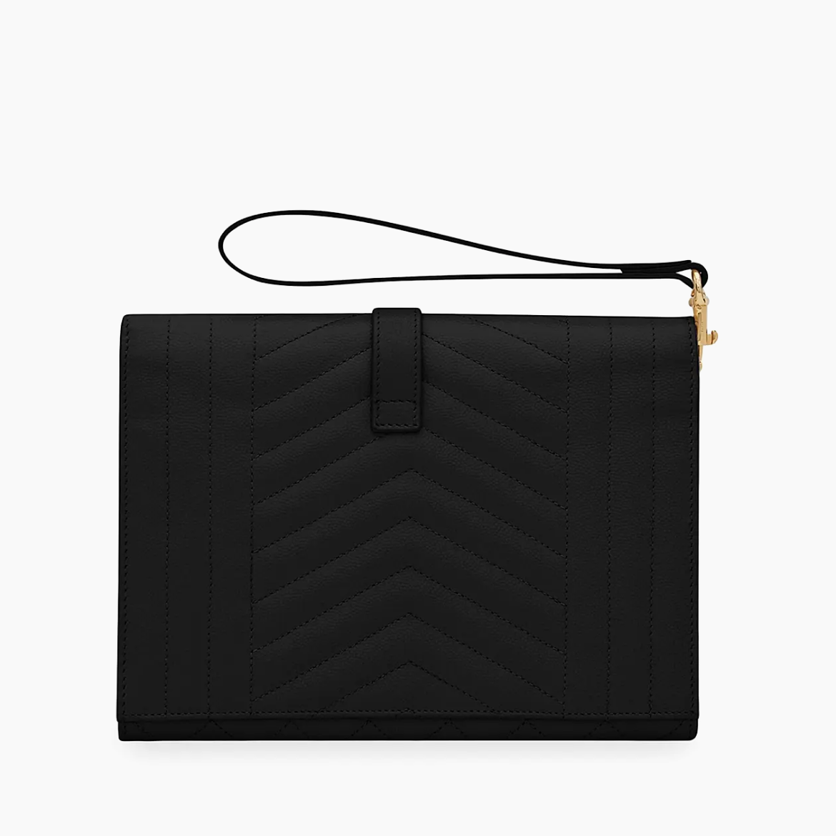 Black clutch bag with a strap on a white background