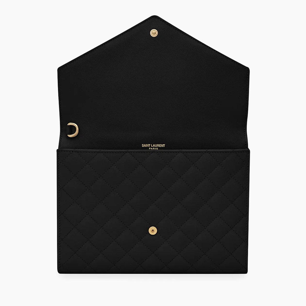 Black envelope-style wallet with gold accents on a white background