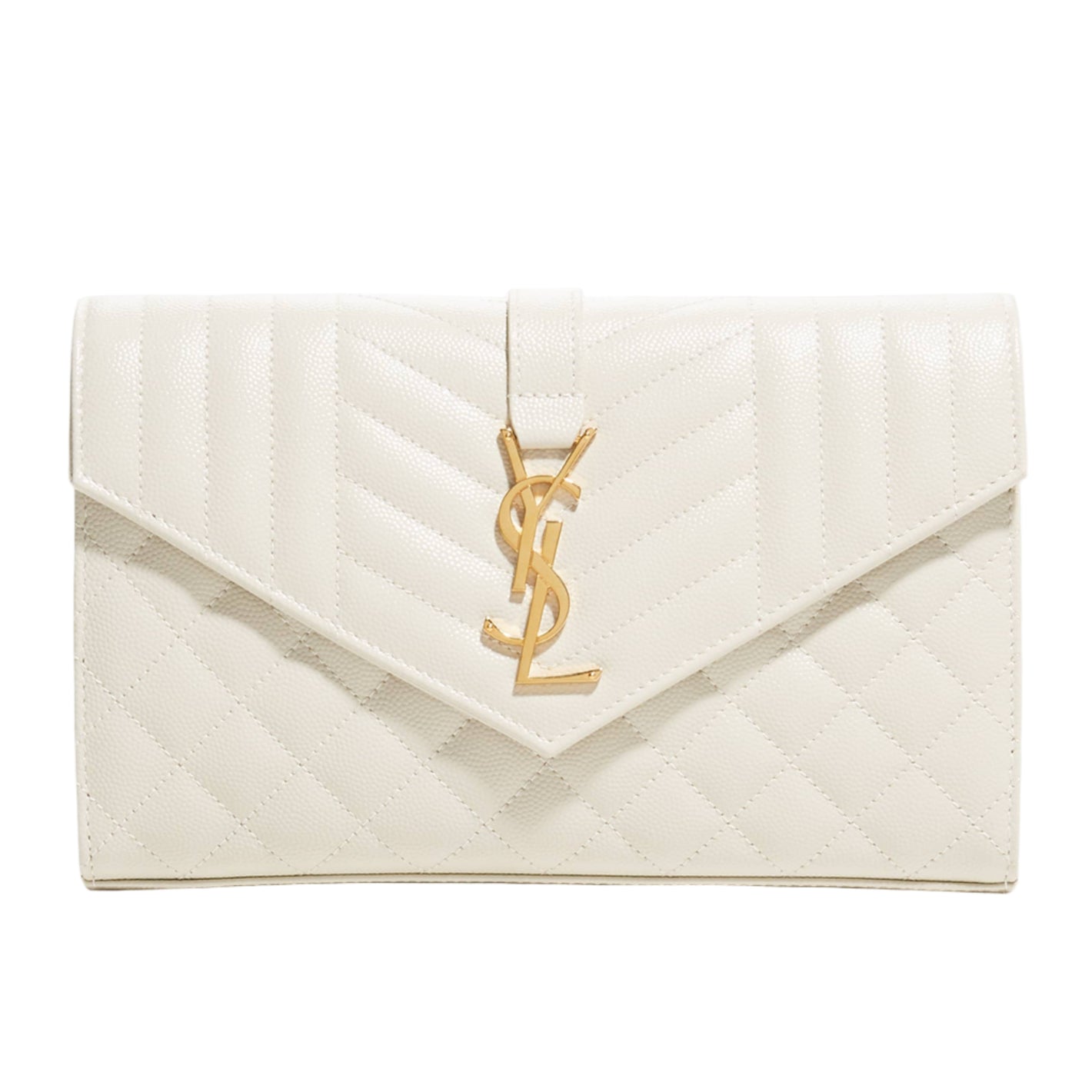 White envelope clutch with gold YSL logo on a light gray background
