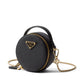 Black round handbag with gold chain and Prada logo on a white background