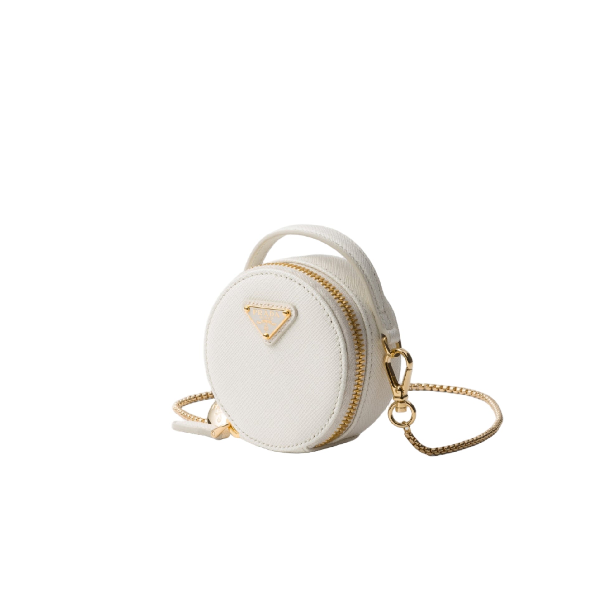 White round pouch with gold accents on a light gray background