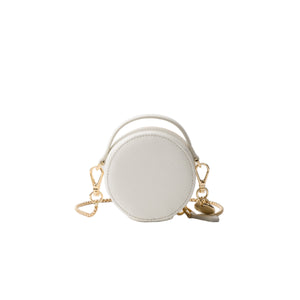 White round bag with gold chain on a light gray background