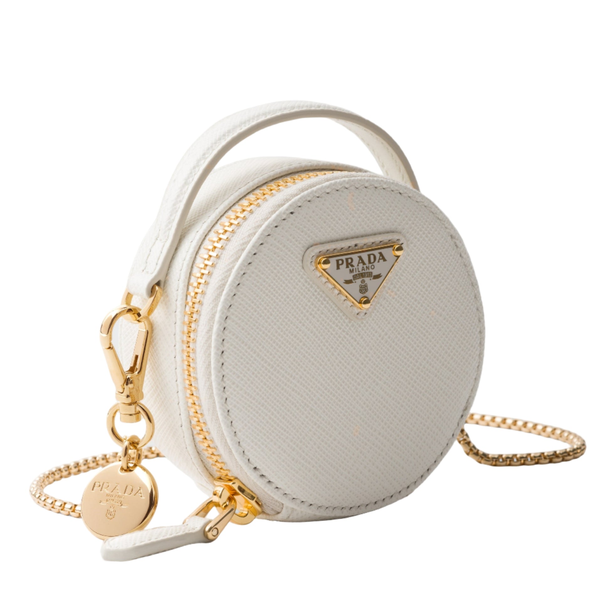 White Prada round bag with gold chain and clasp on a light gray background