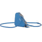 Blue triangular crossbody bag with Prada logo on a light gray background