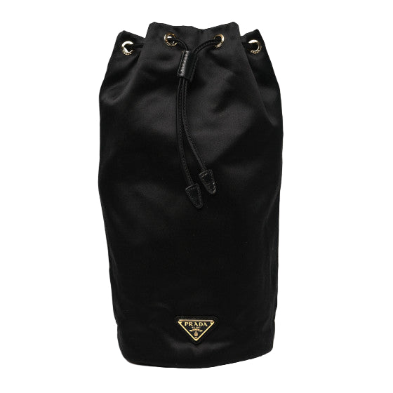 Black drawstring bag with Prada logo on a white background