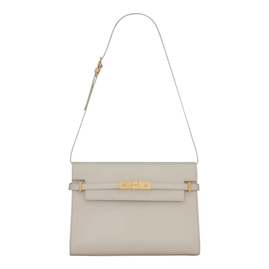 Beige handbag with gold accents on a white background