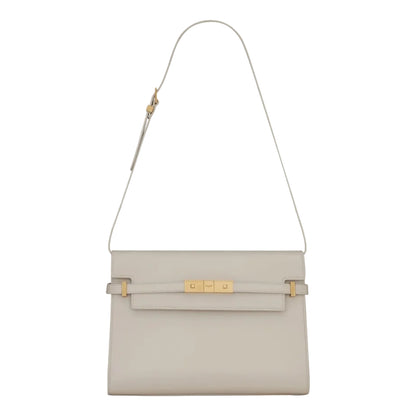 Beige handbag with gold accents on a white background