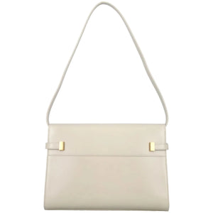 Beige handbag with gold accents on a white background