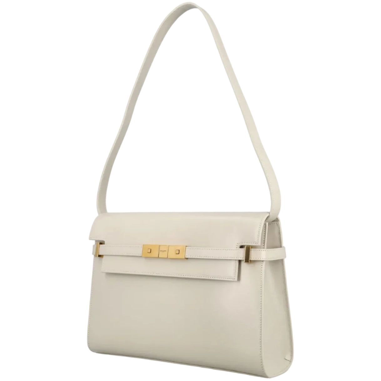 White handbag with gold accents on a white background