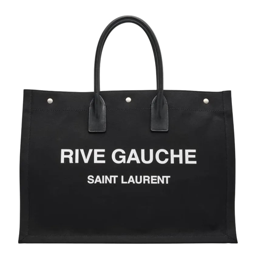 Black tote bag with 'Rive Gauche Saint Laurent' text on a light gray background