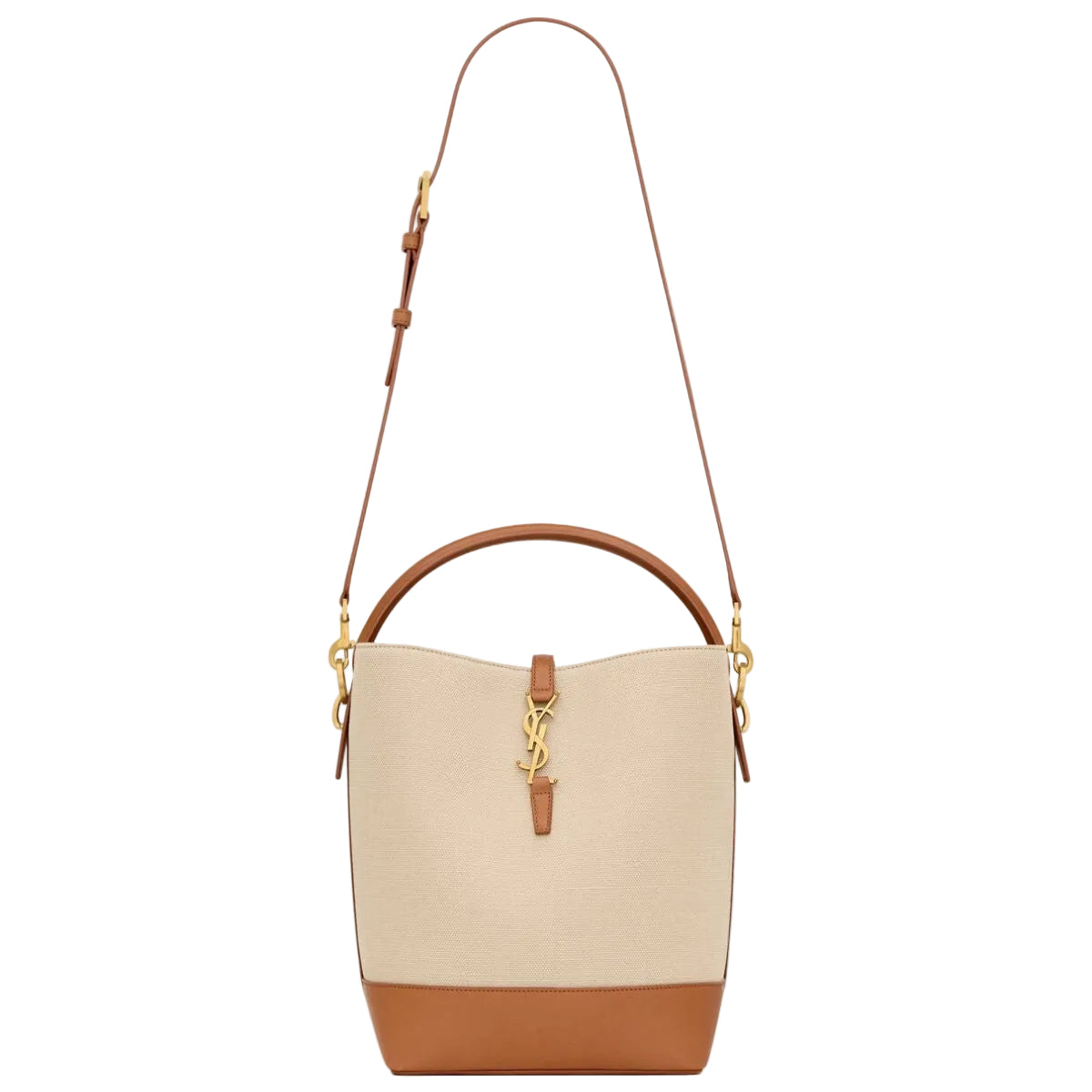 Beige and brown handbag with gold accents on a white background