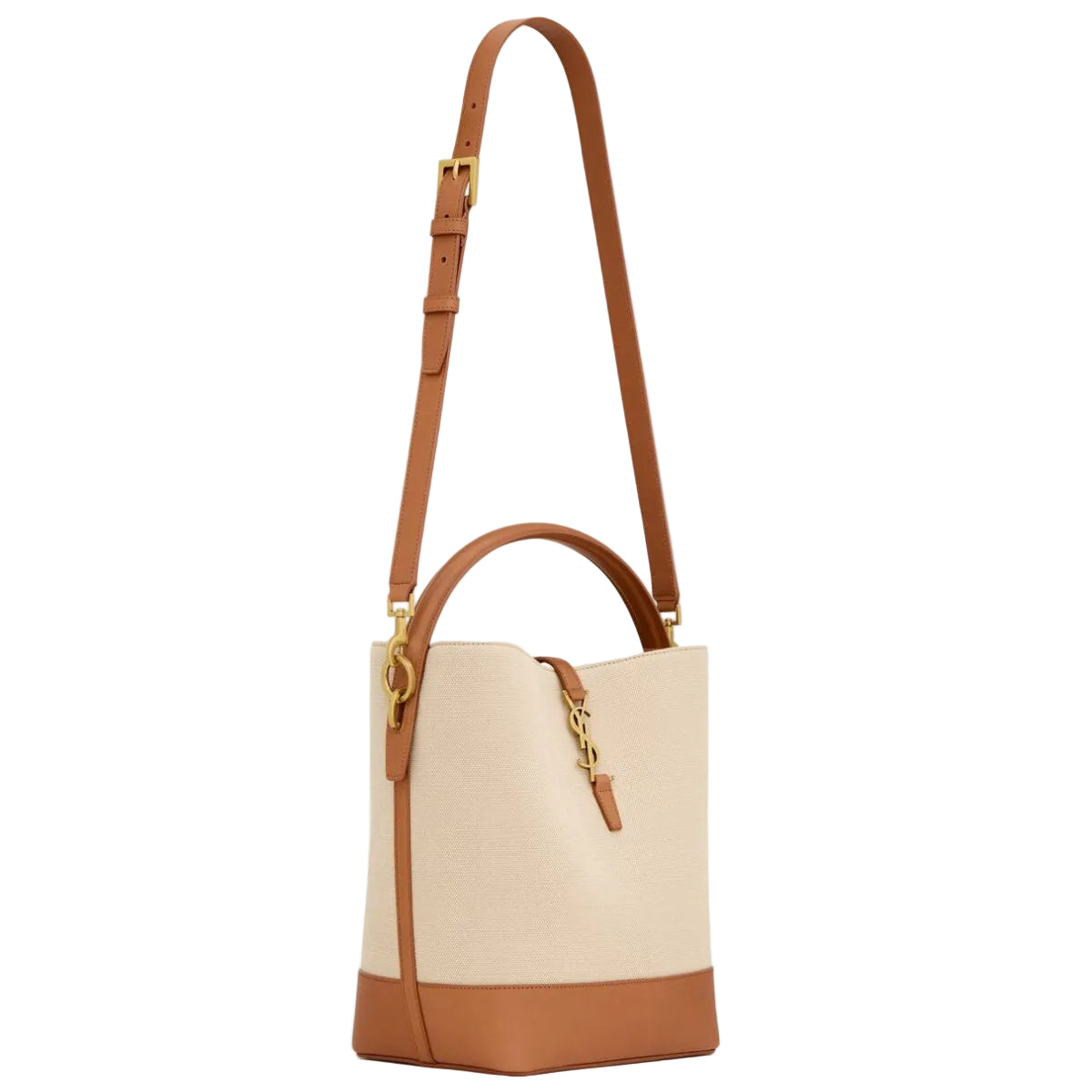 Beige and brown handbag with a strap on a white background