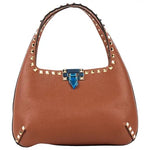 Brown handbag with studded details on a white background