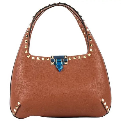 Brown handbag with studded details on a white background