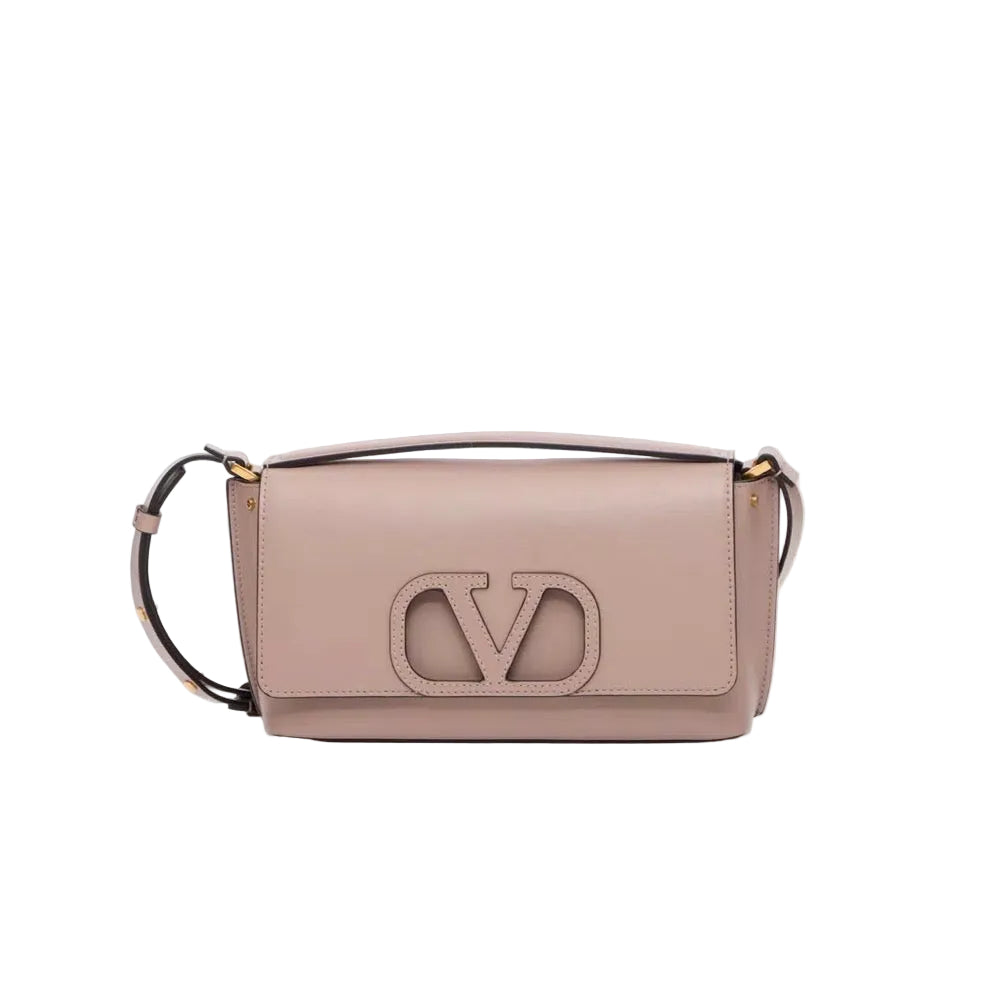 Beige handbag with a logo on a white background