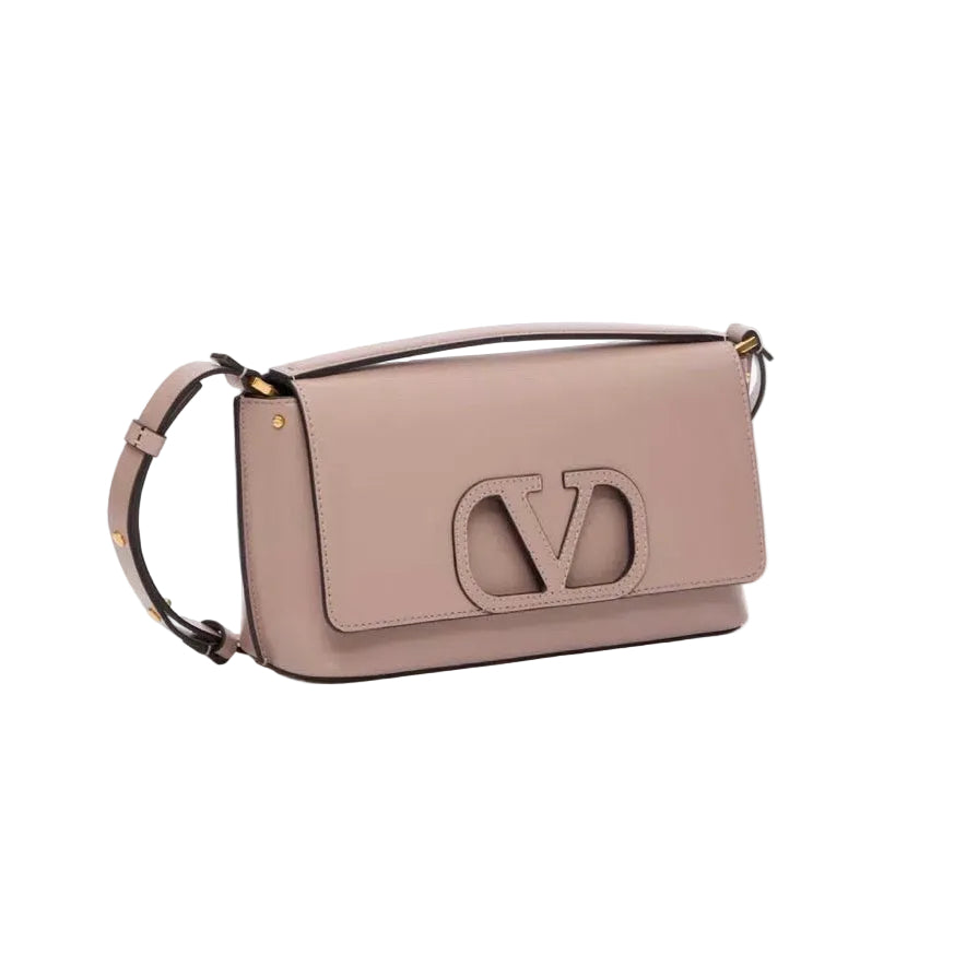 Beige handbag with a logo on a white background