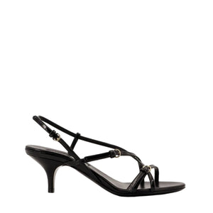 Black high-heeled sandal on a white background