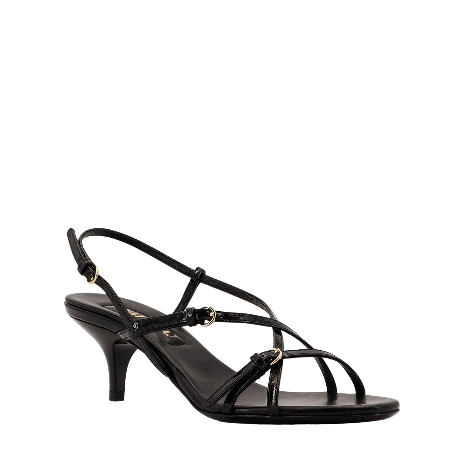 Black sandal with thin straps on a white background