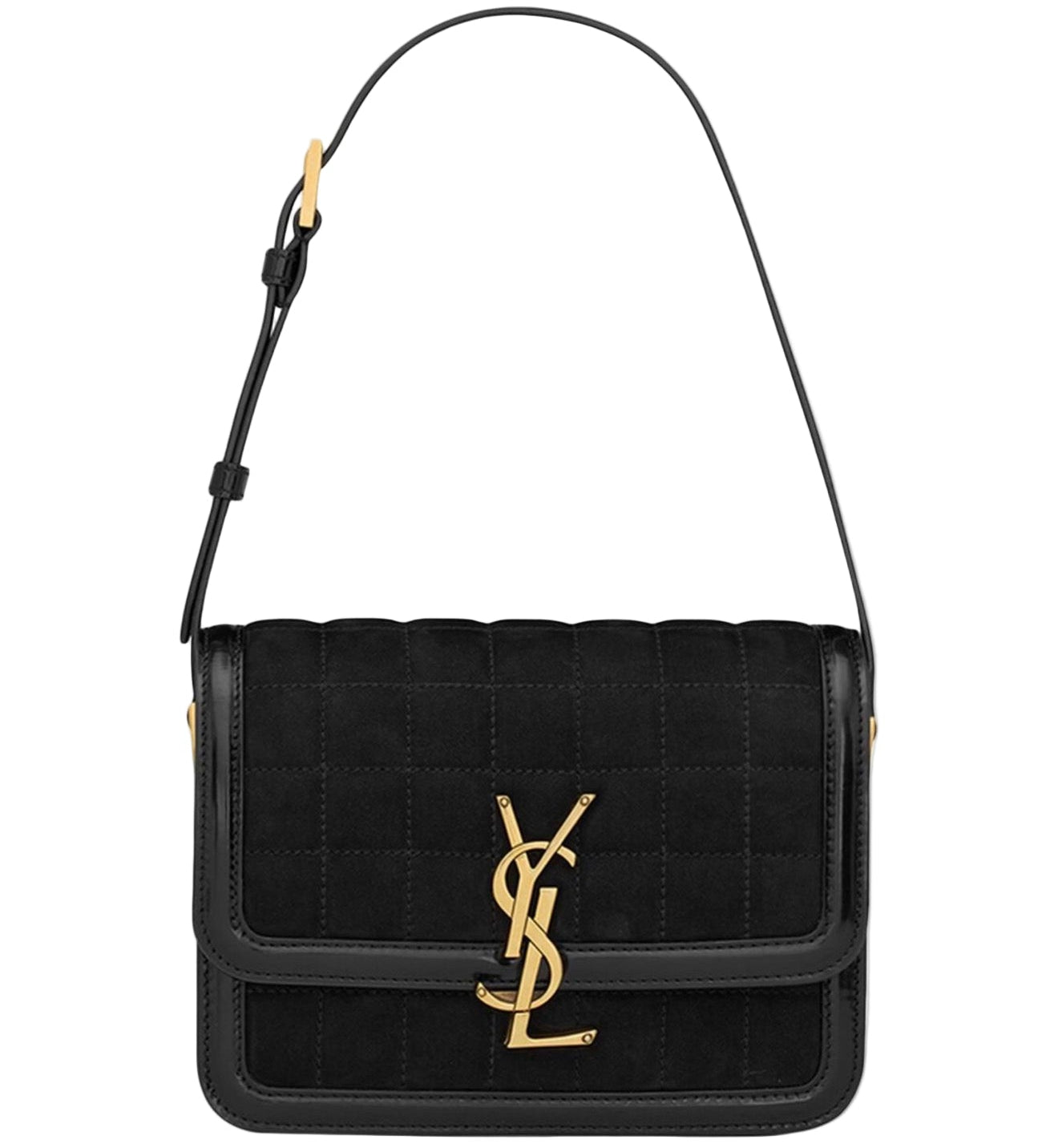 Black handbag with gold logo on a white background