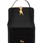 Black backpack with gold accents on a white background