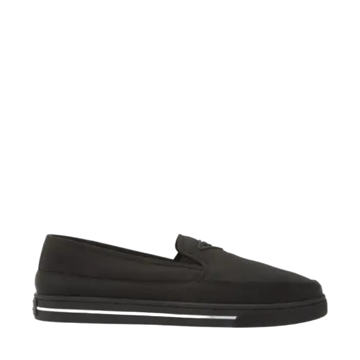 Black slip-on shoe on a white background