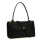 A black leather handbag with a structured rectangular shape, a single top handle, a detachable shoulder strap, and gold-tone hardware, shown on a plain white background.