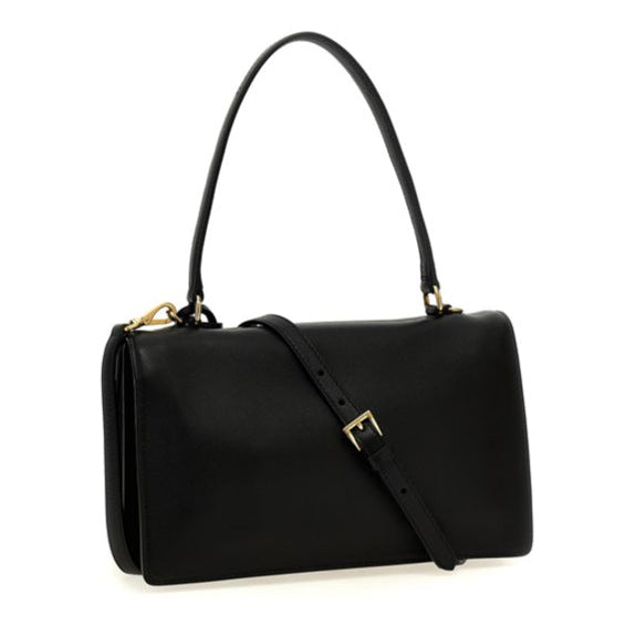 A black leather handbag with a structured rectangular shape, a single top handle, a detachable shoulder strap, and gold-tone hardware, shown on a plain white background.