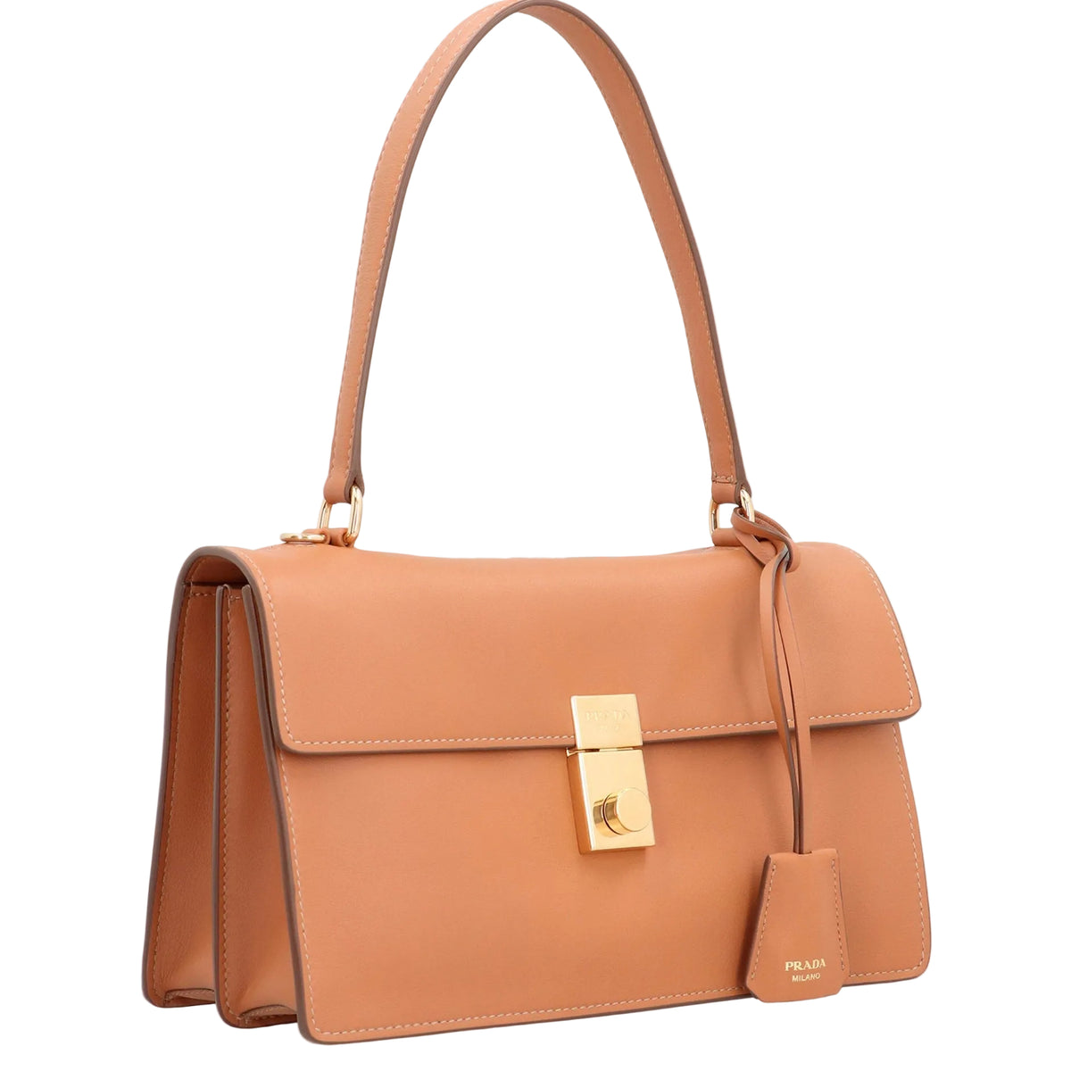 A Prada tan leather handbag with a gold-tone turn-lock clasp and a hanging leather tag, shown on a clean white background.